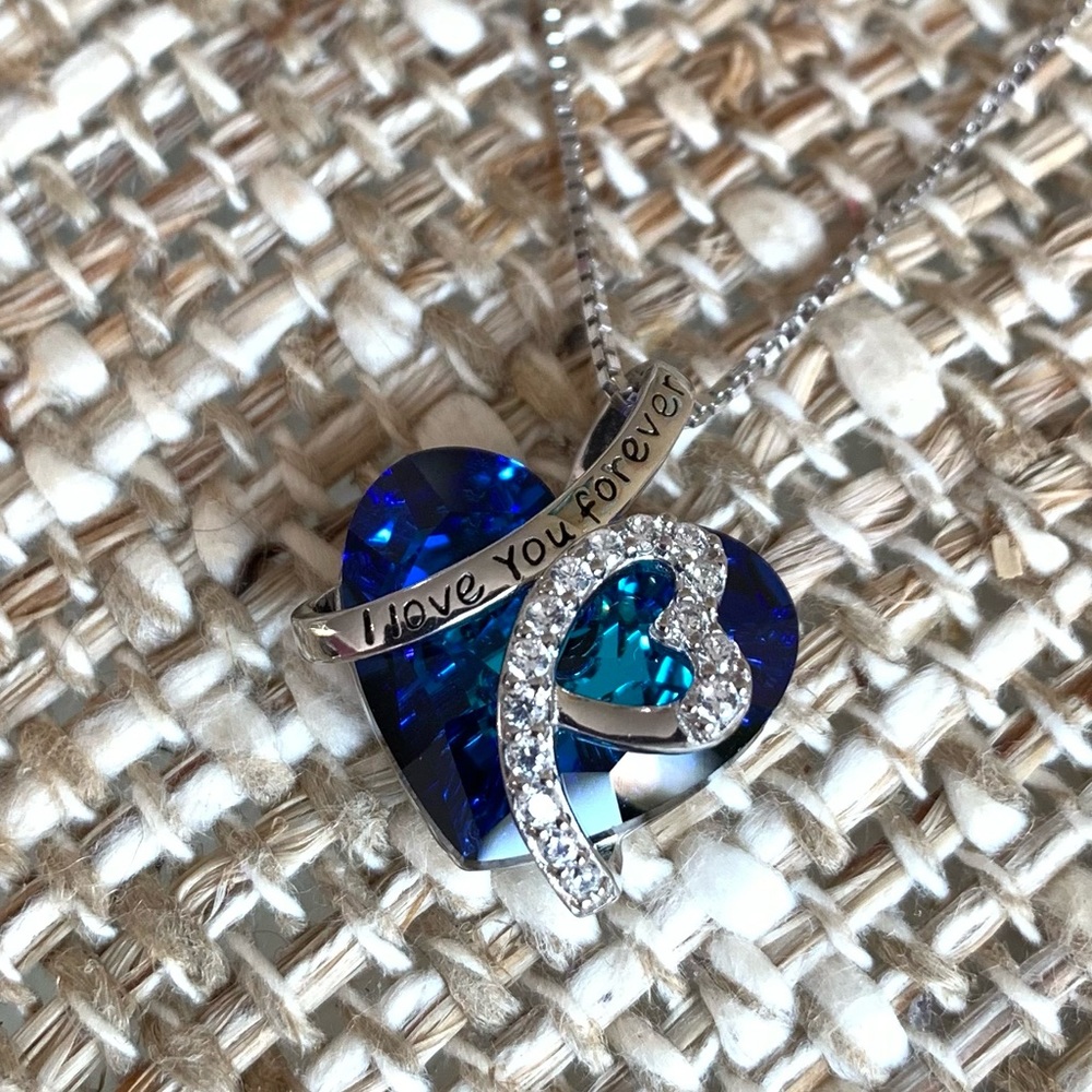 ⭐️ NEW! Blue Crystal Sapphire Heart Necklace 18 in 925 Sterling Silver Box Chain
